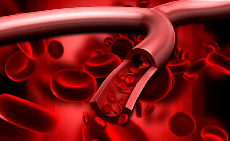 digital illustration of streaming blood cells in colour background