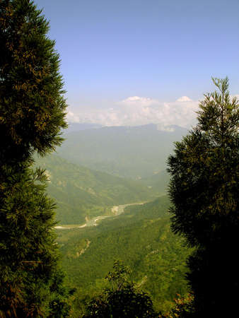 A scenic view from a mountain top in Sikkim, India                               