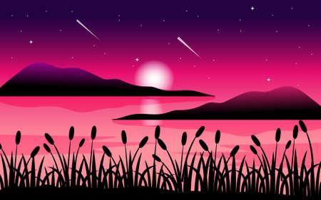 Moonlight scene with trees and lakeのイラスト素材