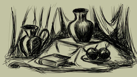 A black and white illustration using line tool. Elements of still life are a pot, couple of apples, a dish, a jar and a book.のeditorial素材