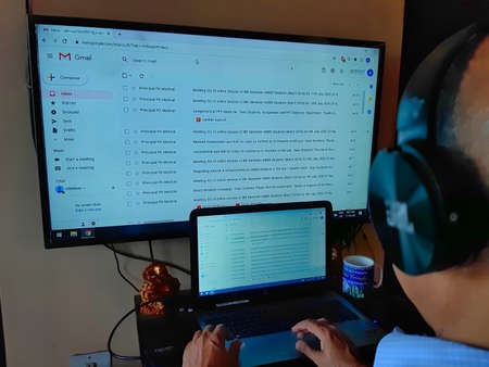 Jaipur,India-Circa 2020: Picture of a person doing office work from home. Work is being done from...