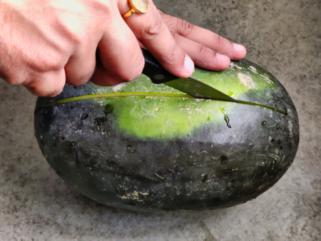 Picture of a person cutting a green colored watermelon fruit with a knife shot during daylight in summers. Watermelon is rich in vitamins.の写真素材
