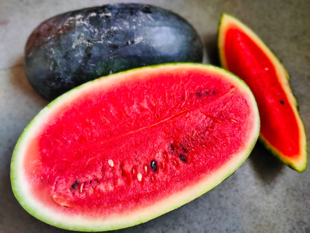 Picture of red slices of watermelon fruit cut shot during daylight in summers. Watermelon is rich in vitamins.の写真素材