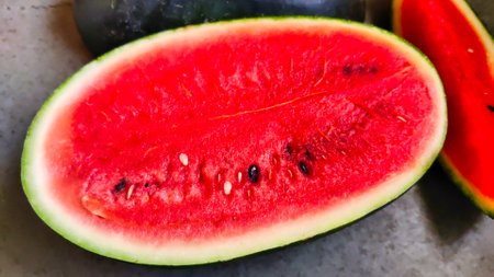 Picture of red slices of watermelon fruit cut shot during daylight in summers. Watermelon is rich in vitamins.の写真素材
