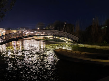 Bridge over the river at night in the city of Jaipurの写真素材