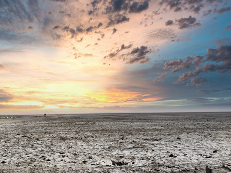 Picture of sunset with clouds and sky in background at salt lake Sambhar Rajasthan Indiaの写真素材