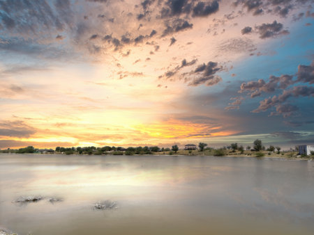 Picture of sunset over lake in the evening. Landscape of nature at Sambhar Lakeの写真素材
