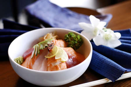 Japanese fish based dish with toppingsの写真素材