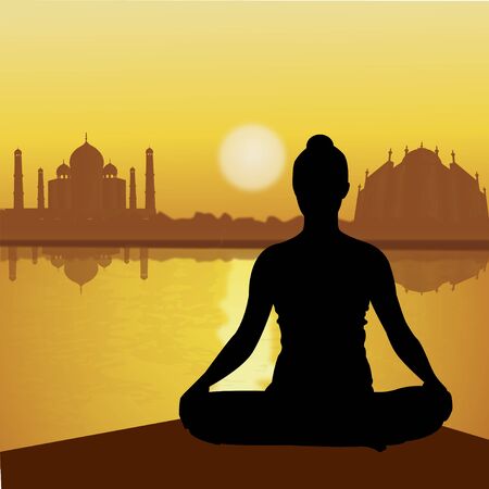 human doing yoga with taj mahal background, lake side の写真素材