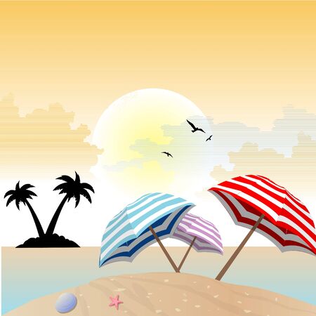 landscape view of beach with shells,umbrella の写真素材