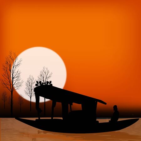 silhouette view of shikara,boat, kashmir, sunrise の写真素材