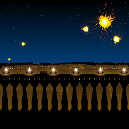 hindu festival diwali, lighting of lamp and fireworks の写真素材