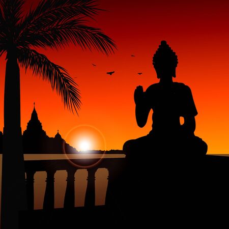 statue of buddha with temple at the background の写真素材