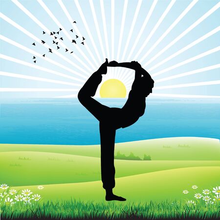 silhouette of human doing yoga, sunrise background の写真素材