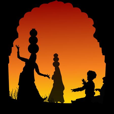 silhouette view of people performing folk dance and music, indiaの写真素材