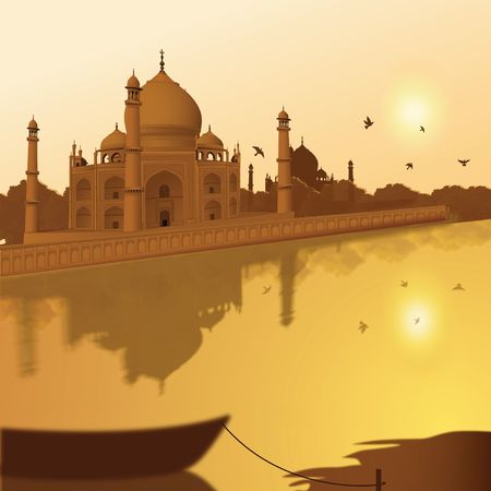 Taj Mahal, agra, India, view of lake and boat の写真素材