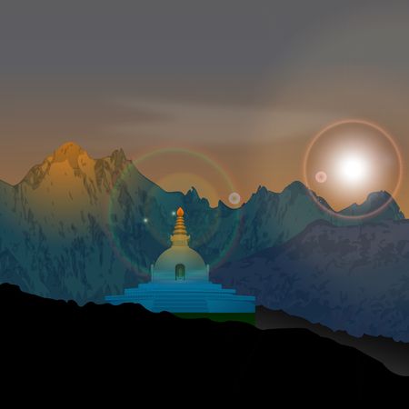 view of Lumbini, buddhist monastery, surrounded by mountains の写真素材