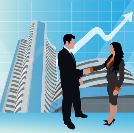 business people shaking hands, stock exchange background の写真素材