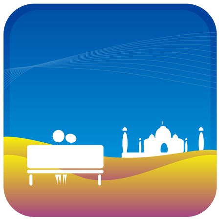 human couple sitting on bench in front of the taj mahalのイラスト素材