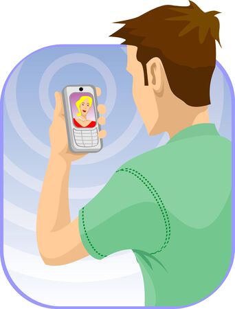 Man video voice chatting through mobile phones with a woman
の写真素材