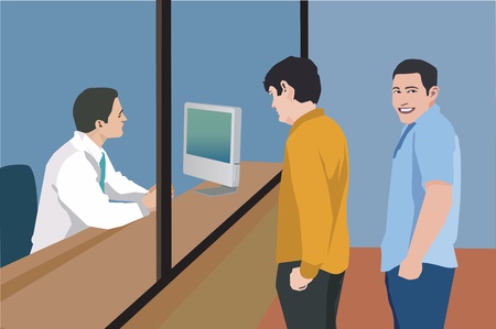 Men standing in queue at bankの写真素材