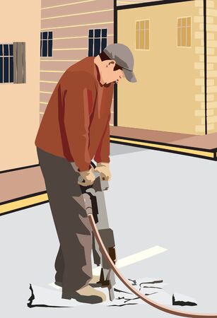 A workman using pneumatic drill to cut up tarmac covered concrete road の写真素材