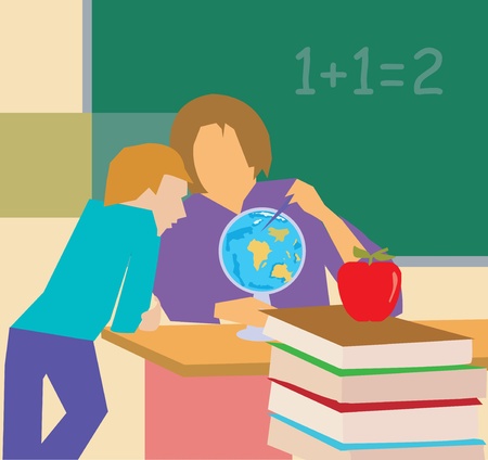 Teacher showing globe to studentの写真素材