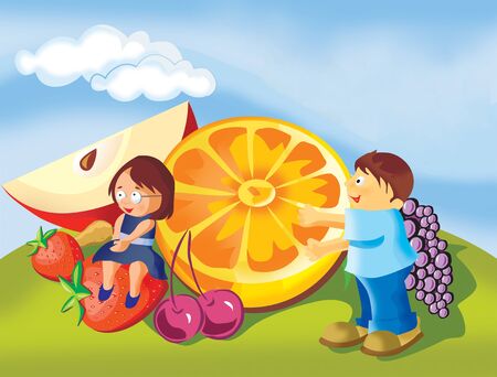 Boy and girl with fruits in a parkの写真素材