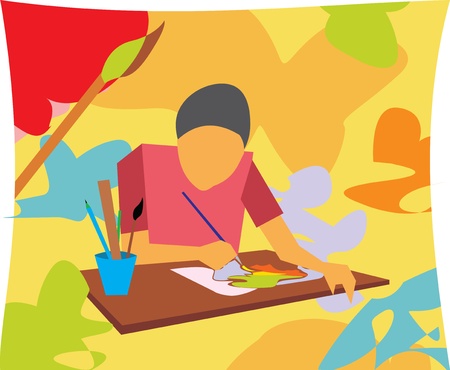 Front view of boy painting in an art classの写真素材