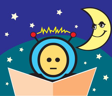 Boy reading book with crescent moon and stars  の写真素材