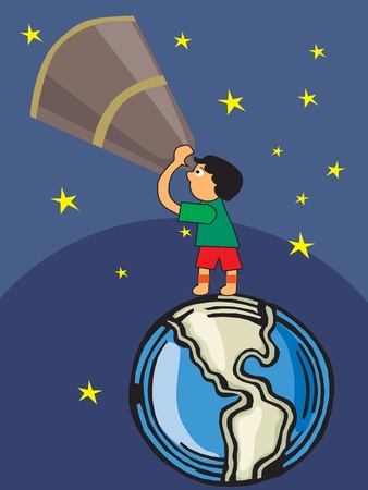 Boy looking through telescope towards sky  の写真素材