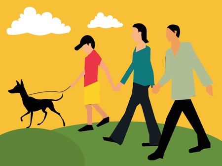 Side view of family walking with their petの写真素材