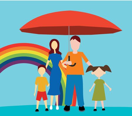 Front view of family standing with umbrella の写真素材