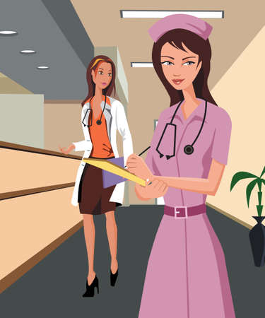 Doctor and a nurse walking along a hospital corridorの写真素材