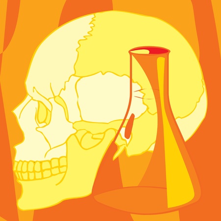 Close-up view of human skull and beakerの写真素材