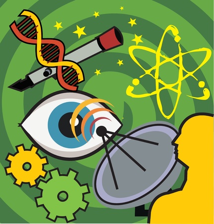 Satellite with cogwheels; eye and starsの写真素材