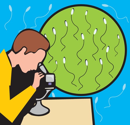 Side view of a scientist looking sperms through microscope の写真素材