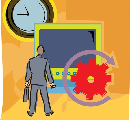 Rear view of a man by a big computer screen and clock の写真素材