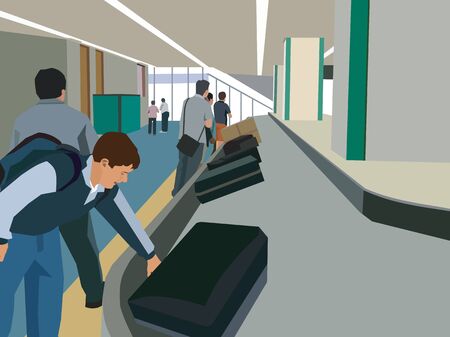 Travelers collecting their luggage from luggage carouselの写真素材