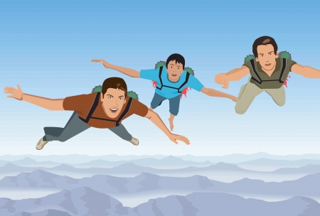 Skydivers flying in formation over hillsの写真素材