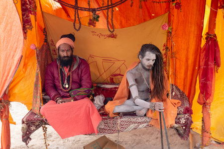 Indian Monk (Naga Sadhu baba) at Holy Ardh Kumbh Mela, Allahabad (Paryagraj), Uttar Pradesh/ India-...