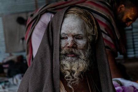 Indian Monk (Naga Sadhu baba) at Holy Ardh Kumbh Mela, Allahabad (Paryagraj), Uttar Pradesh/ India- 16th February 2019. Kumbh Mela happens after 6 year of Maha Kumbh Mela.のeditorial素材