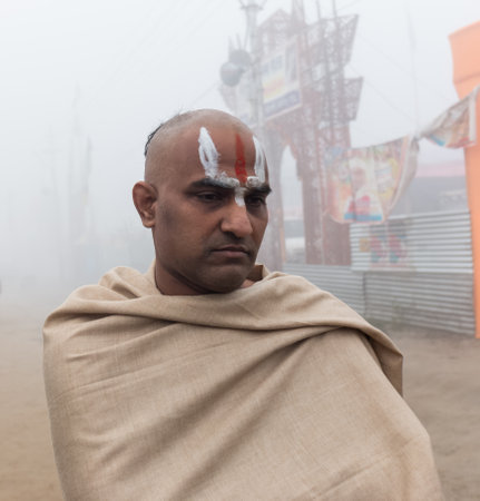 Indian Monk (Naga Sadhu baba) at Holy Ardh Kumbh Mela, Allahabad (Paryagraj), Uttar Pradesh/ India- 16th February 2019. Kumbh Mela happens after 6 year of Maha Kumbh Mela.のeditorial素材