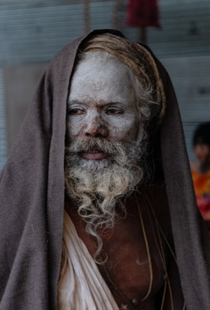 Indian Monk (Naga Sadhu baba) at Holy Ardh Kumbh Mela, Allahabad (Paryagraj), Uttar Pradesh/ India- 16th February 2019. Kumbh Mela happens after 6 year of Maha Kumbh Mela.のeditorial素材