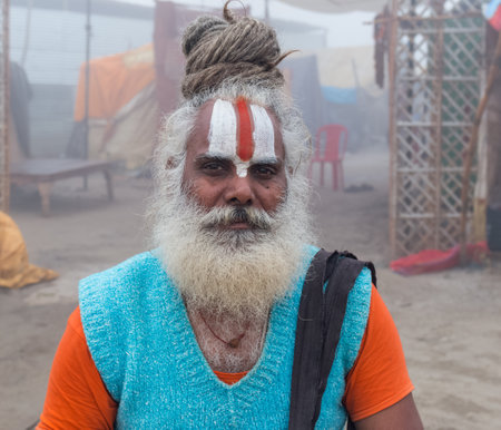 Indian Monk (Naga Sadhu baba) at Holy Ardh Kumbh Mela, Allahabad (Paryagraj), Uttar Pradesh/ India- 16th February 2019. Kumbh Mela happens after 6 year of Maha Kumbh Mela.のeditorial素材