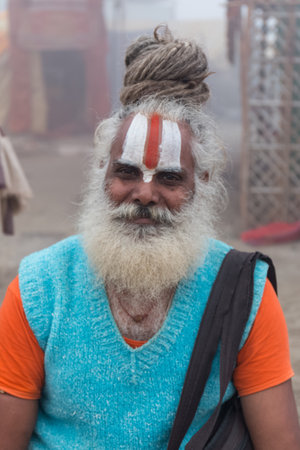 Indian Monk (Naga Sadhu baba) at Holy Ardh Kumbh Mela, Allahabad (Paryagraj), Uttar Pradesh/ India- 16th February 2019. Kumbh Mela happens after 6 year of Maha Kumbh Mela.のeditorial素材