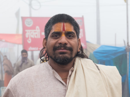 Indian Monk (Naga Sadhu baba) at Holy Ardh Kumbh Mela, Allahabad (Paryagraj), Uttar Pradesh/ India- 16th February 2019. Kumbh Mela happens after 6 year of Maha Kumbh Mela.のeditorial素材