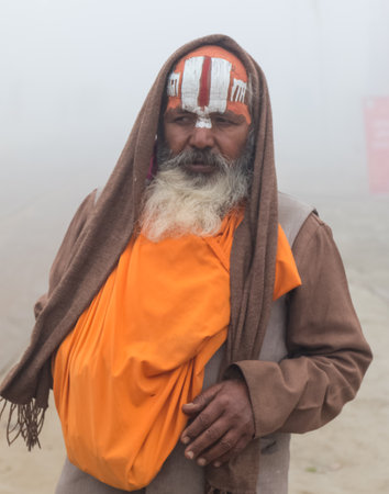 Indian Monk (Naga Sadhu baba) at Holy Ardh Kumbh Mela, Allahabad (Paryagraj), Uttar Pradesh/ India- 16th February 2019. Kumbh Mela happens after 6 year of Maha Kumbh Mela.のeditorial素材
