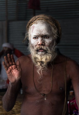 Indian Monk (Naga Sadhu baba) at Holy Ardh Kumbh Mela, Allahabad (Paryagraj), Uttar Pradesh/ India- 16th February 2019. Kumbh Mela happens after 6 year of Maha Kumbh Mela.のeditorial素材