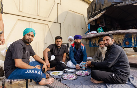 NEW DELHI, INDIA, DECEMBER 2020 : Portrait of Indian farmer from Punjab and other states participating in new farm law bill protest at Delhi-UP border. Farmers from across India protest at Delhi.のeditorial素材